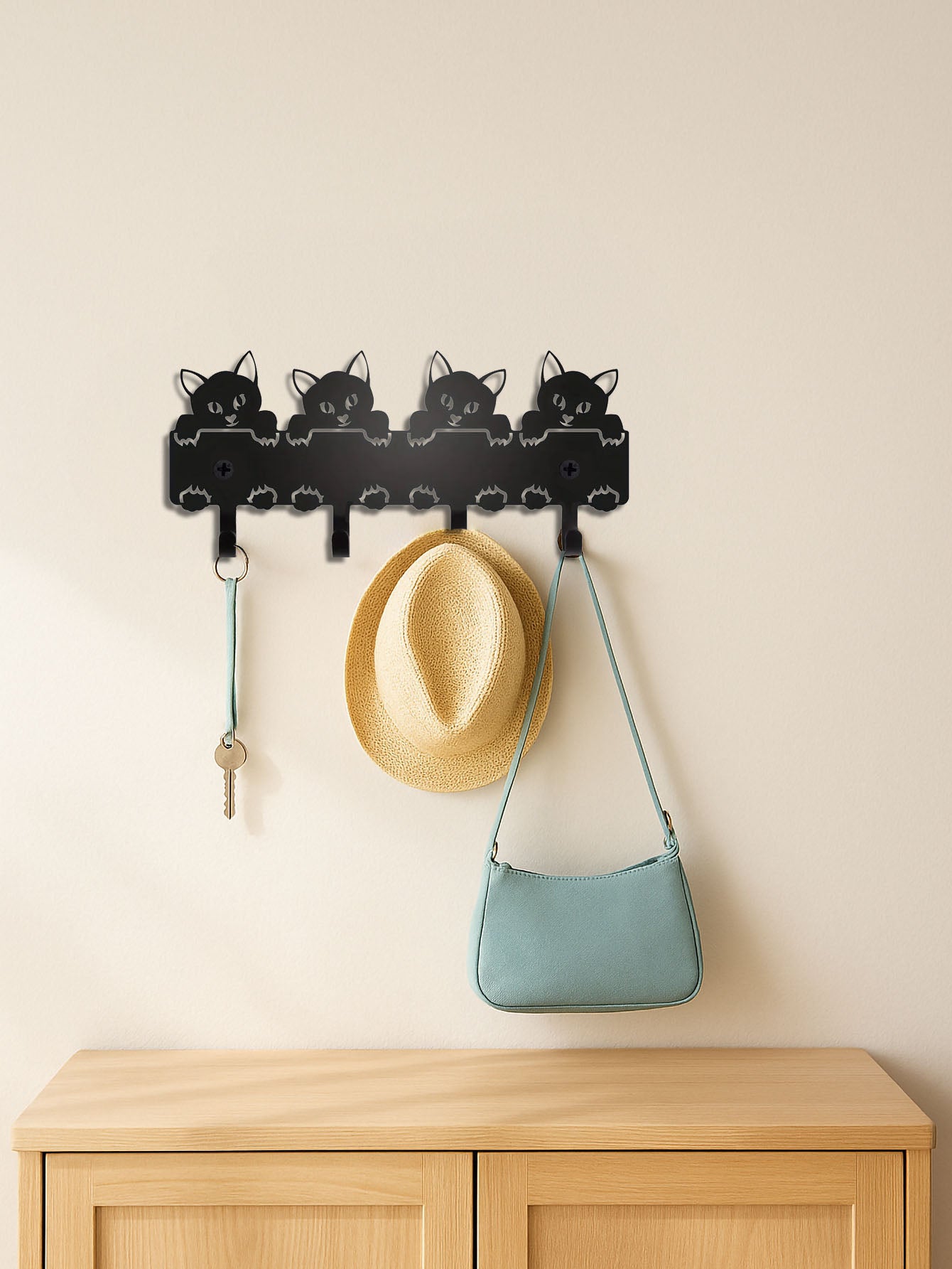 Black Cat Metal Wall Key Holder – Cute Wall Mounted Hook Rack for Keys, Coats & Bags | Entryway Organizer & Gothic Cat Home Decor