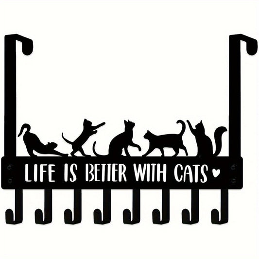 Over The Door Cat Hook Organizer – 8 Metal Hooks for Keys, Coats & Towels | Cute Cat Wall & Door Storage Rack for Entryway, Bathroom & Bedroom