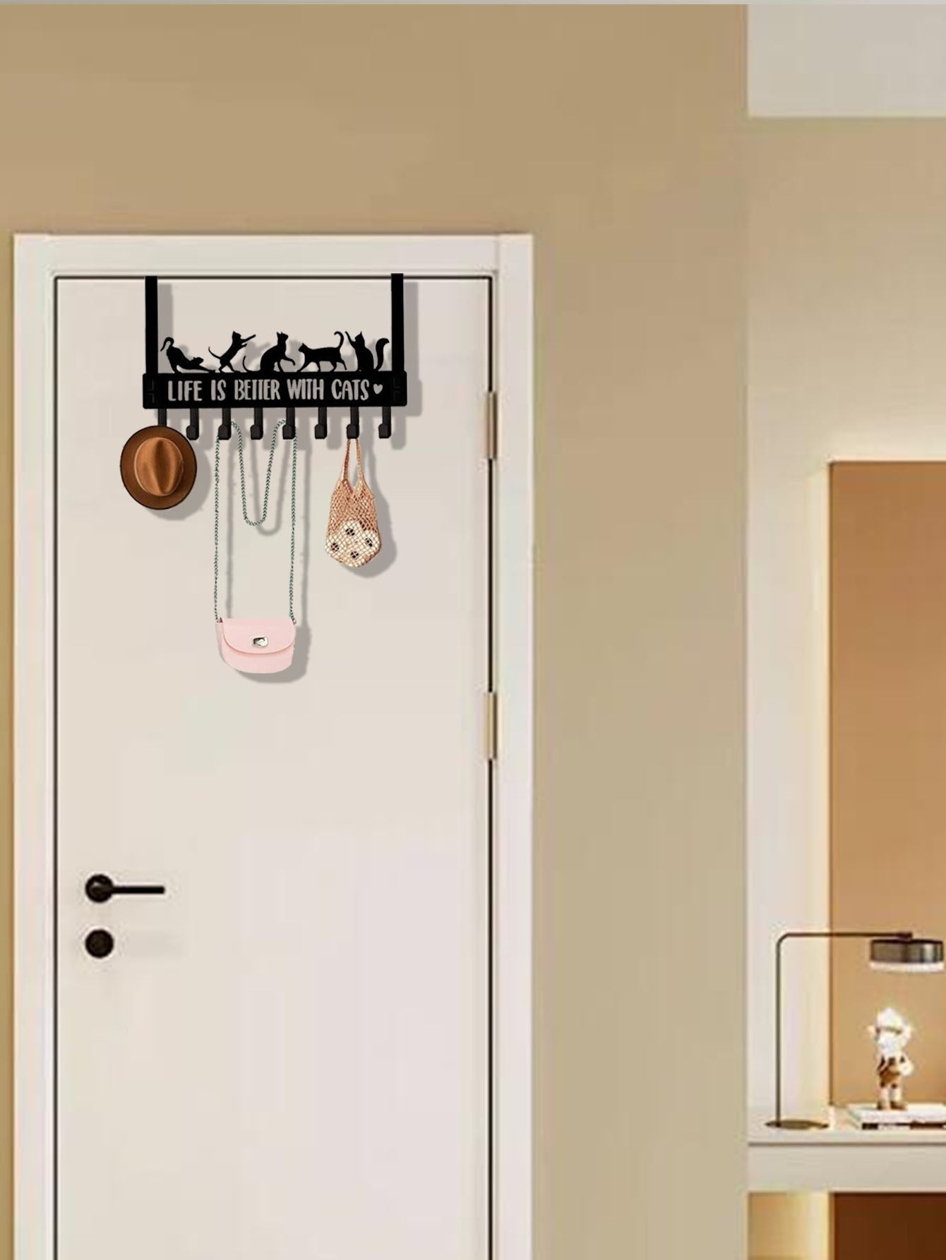 Over The Door Cat Hook Organizer – 8 Metal Hooks for Keys, Coats & Towels | Cute Cat Wall & Door Storage Rack for Entryway, Bathroom & Bedroom