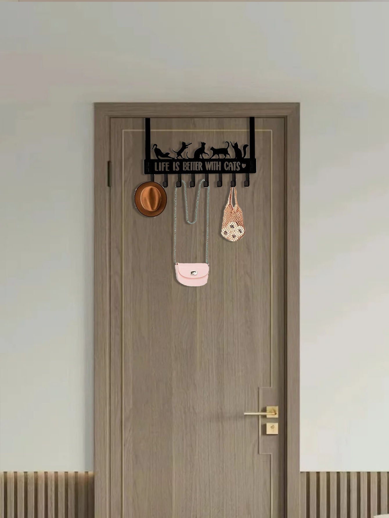 Over The Door Cat Hook Organizer – 8 Metal Hooks for Keys, Coats & Towels | Cute Cat Wall & Door Storage Rack for Entryway, Bathroom & Bedroom