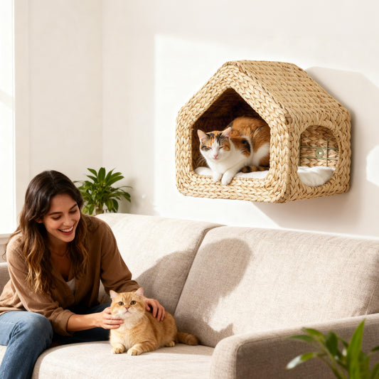Wall Mounted Cat House – Space Saving Cat Wall Shelf with Washable Cushion, Natural Seagrass Cat Wall Furniture for Indoor Cats