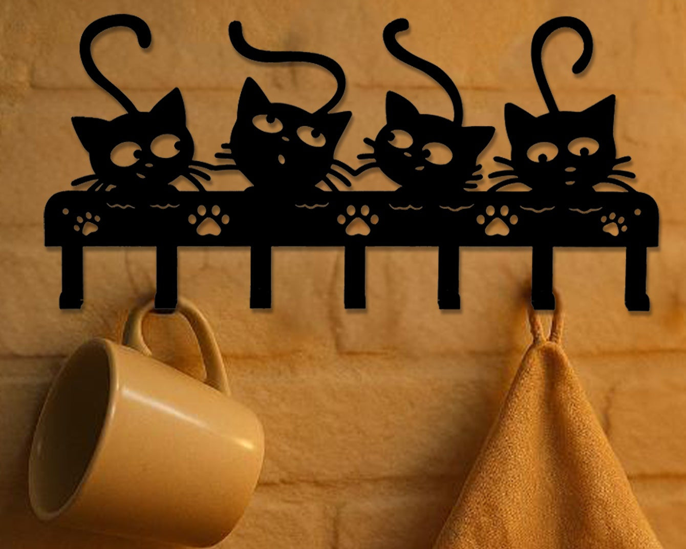 Black Cat Wall Hook Key Holder – 7 Hook Metal Wall Mounted Rack for Keys, Coats & Bags | Decorative Cat Wall Hooks for Entryway, Bedroom & Living Room