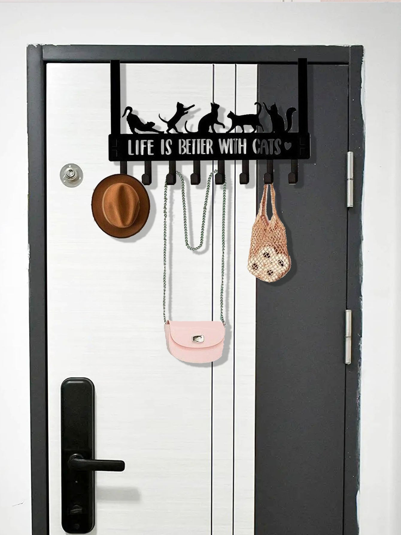 Over The Door Cat Hook Organizer – 8 Metal Hooks for Keys, Coats & Towels | Cute Cat Wall & Door Storage Rack for Entryway, Bathroom & Bedroom