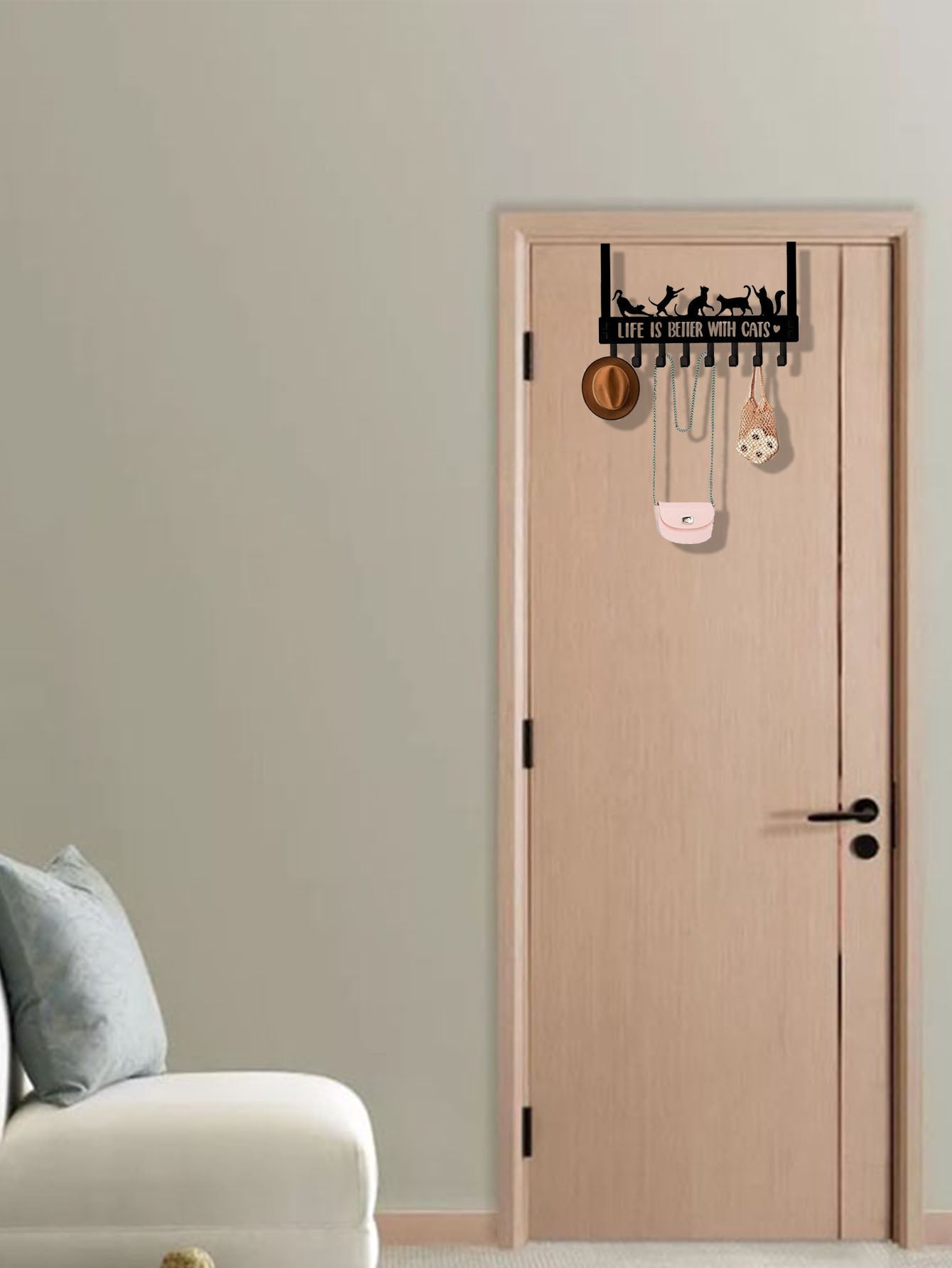 Over The Door Cat Hook Organizer – 8 Metal Hooks for Keys, Coats & Towels | Cute Cat Wall & Door Storage Rack for Entryway, Bathroom & Bedroom