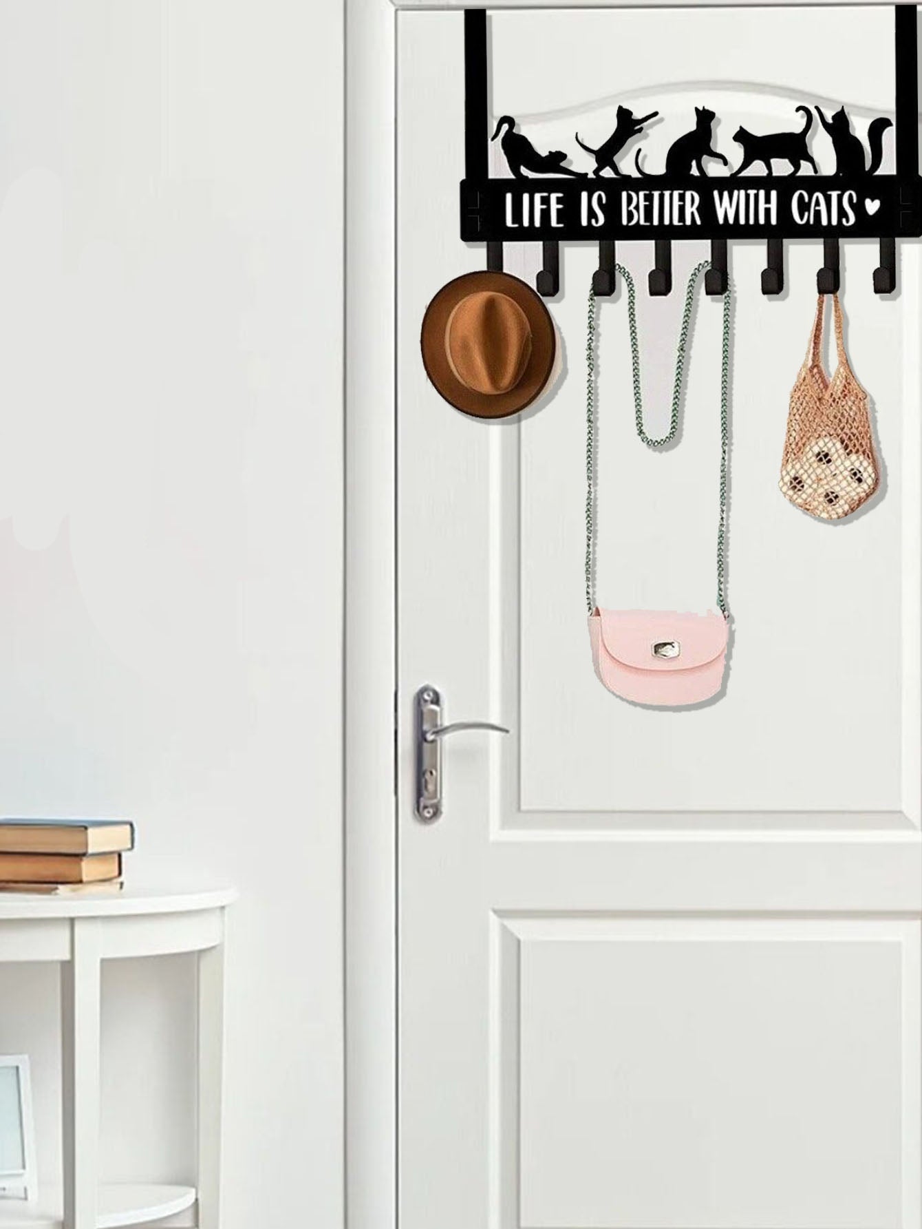 Over The Door Cat Hook Organizer – 8 Metal Hooks for Keys, Coats & Towels | Cute Cat Wall & Door Storage Rack for Entryway, Bathroom & Bedroom