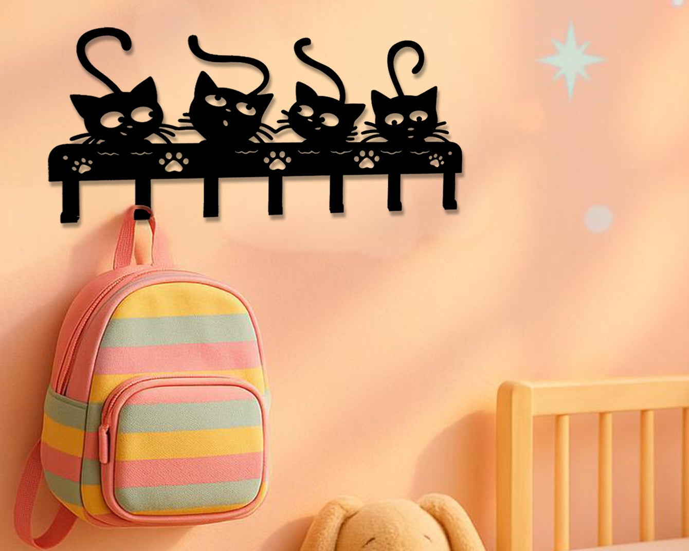 Black Cat Wall Hook Key Holder – 7 Hook Metal Wall Mounted Rack for Keys, Coats & Bags | Decorative Cat Wall Hooks for Entryway, Bedroom & Living Room