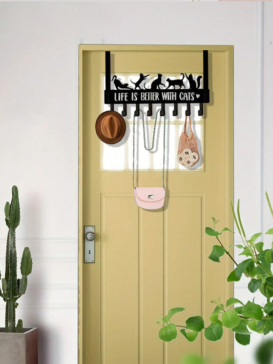Over The Door Cat Hook Organizer – 8 Metal Hooks for Keys, Coats & Towels | Cute Cat Wall & Door Storage Rack for Entryway, Bathroom & Bedroom