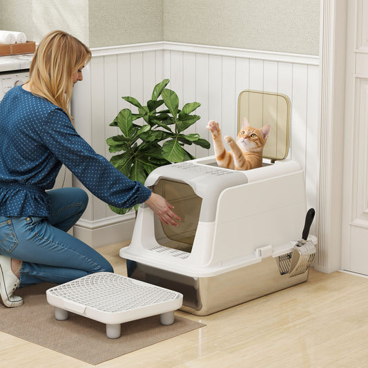 Extra Large Stainless Steel Litter Box – Enclosed Cat Litter Box with Scoop, Deodorizer Bag & Sand Drop Pedal